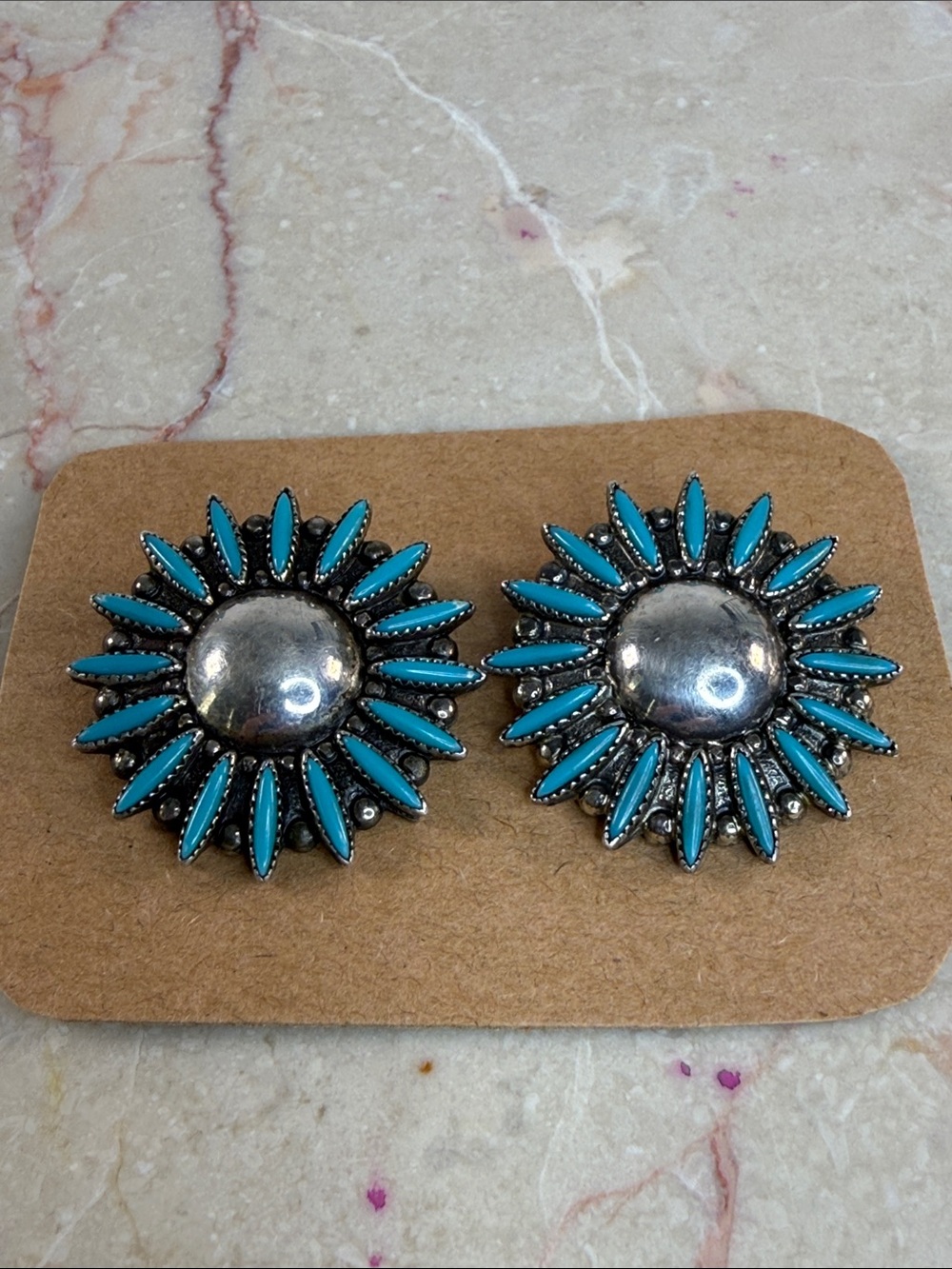 Turquoise Navajo Indian Sunburst Silver Statement Earrings - Women's Jewelry
